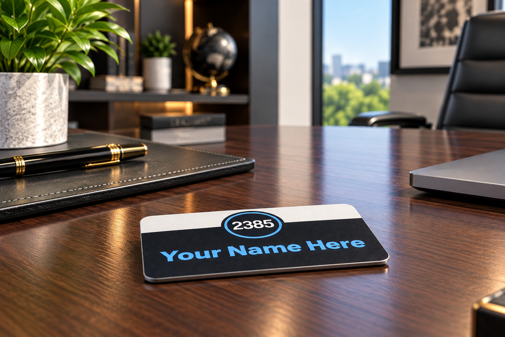 Custom UV printed clear acrylic ID badge displayed flat on a premium executive desk