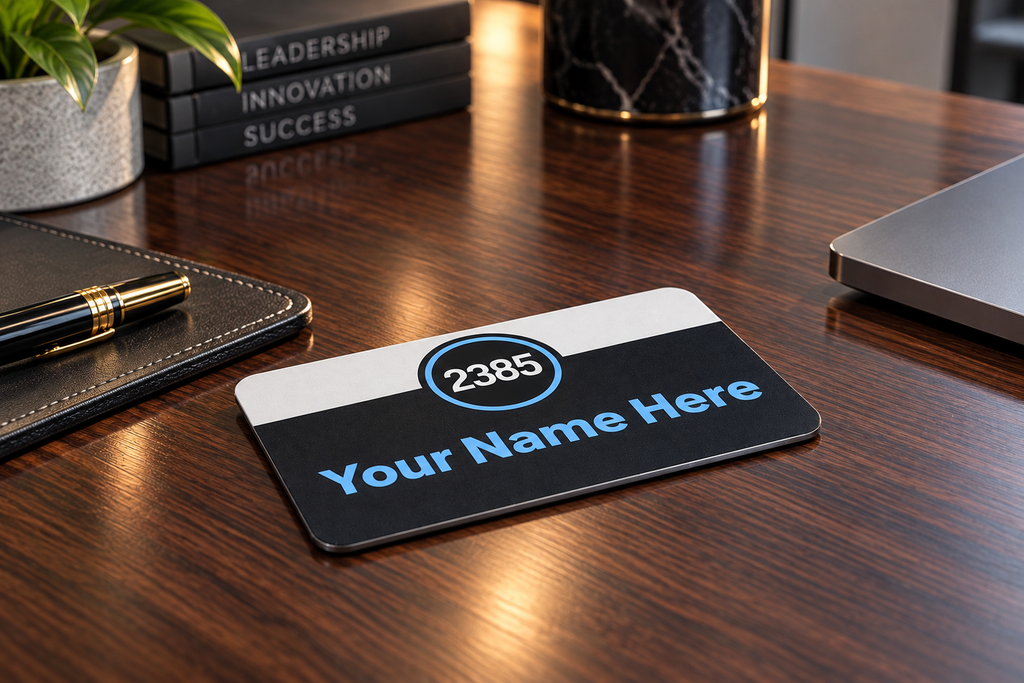 Custom UV printed clear acrylic ID badge on a modern executive desk
