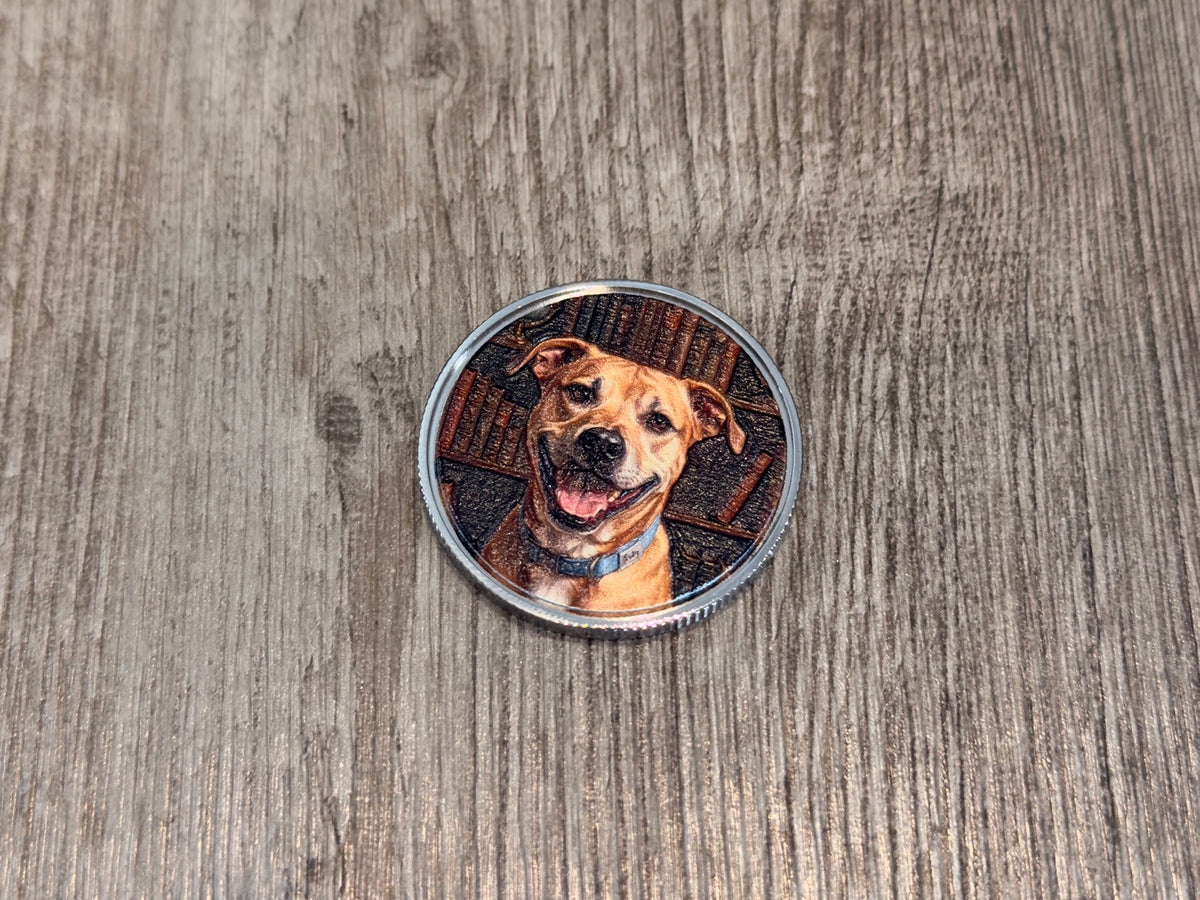 Custom UV printed 40 mm Grade 5 titanium challenge coin showing full color textured photo print and knurled edge